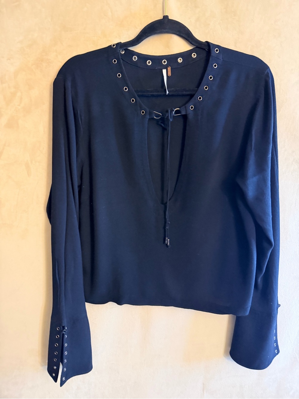 Free People Black Grommet Lace-Up Long Sleeve Blouse